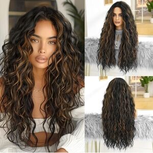 Long Black with Brown Highlights Wig Wavy Wig